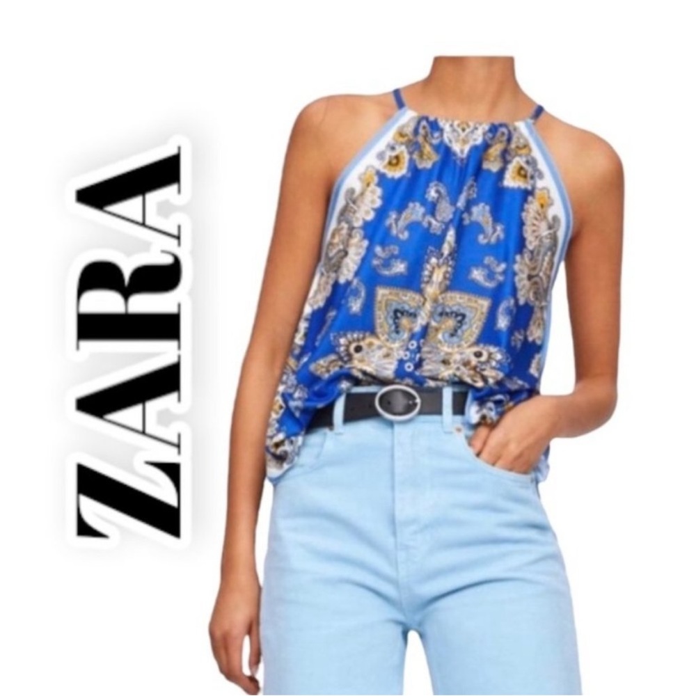ZARA Paisley Handkerchief Halter Top Blue Tank | M